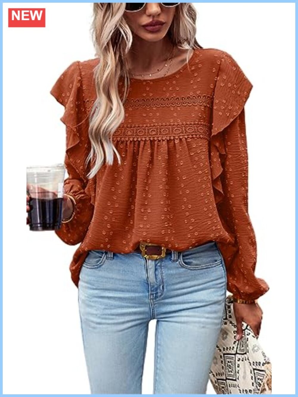 Womens Swiss Dot Long Sleeve Tunic Top Ruffle Crochet Loose Fit Blouse